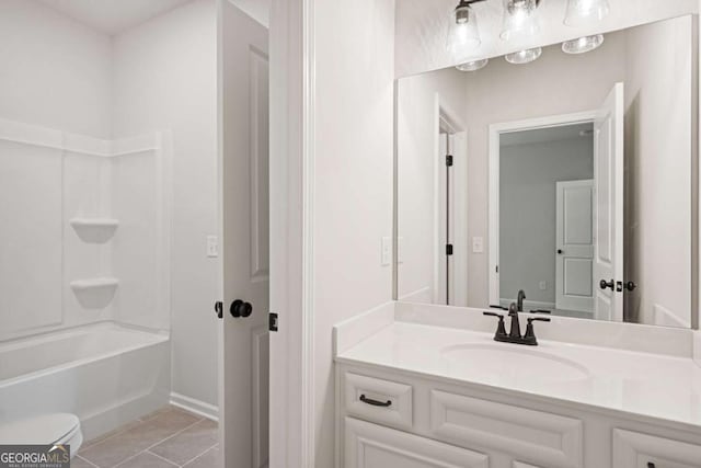 bathroom with toilet, shower / tub combination, tile patterned flooring, and vanity