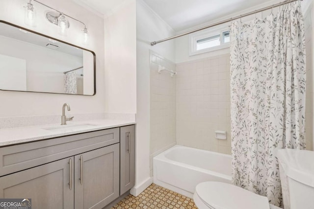 bathroom featuring toilet, visible vents, vanity, ornamental molding, and shower / bathtub combination with curtain