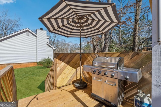 deck featuring a grill and a yard