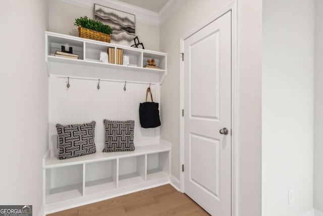 mudroom featuring crown molding and wood finished floors