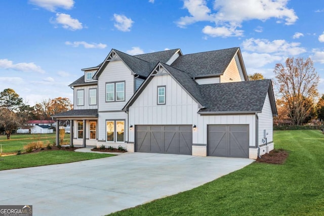 modern inspired farmhouse featuring a shingled roof, concrete driveway, an attached garage, board and batten siding, and a front lawn