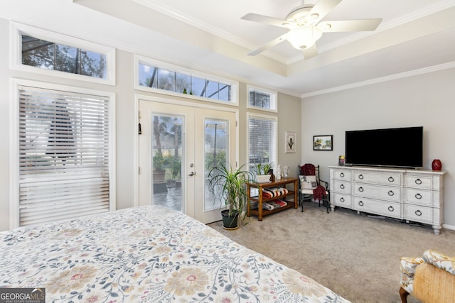 bedroom with access to exterior, a raised ceiling, multiple windows, and carpet floors