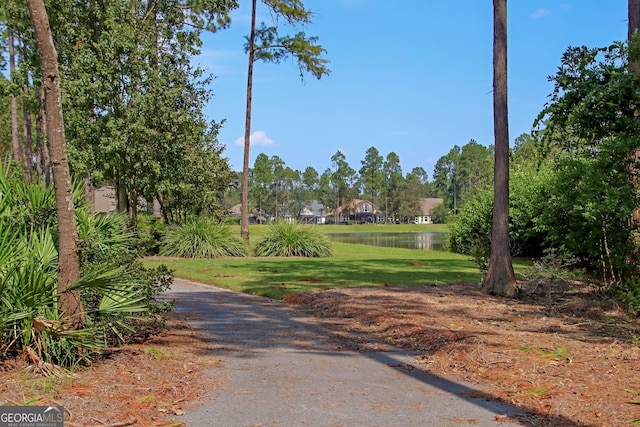 view of home's community with a water view and a lawn