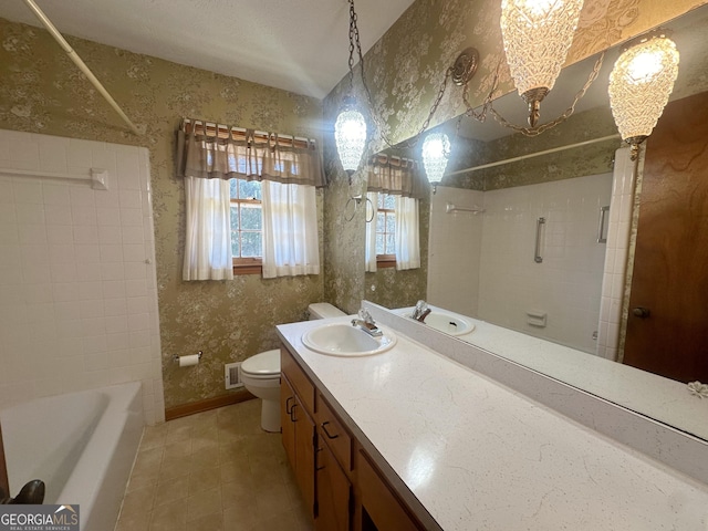 full bathroom with visible vents, vanity, toilet, and wallpapered walls