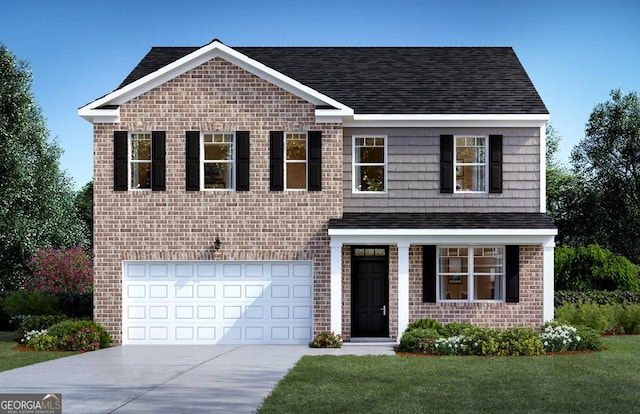 view of front of property with a garage, concrete driveway, brick siding, and a front yard