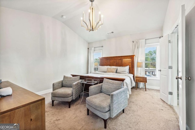 bedroom with light colored carpet, visible vents, vaulted ceiling, and multiple windows