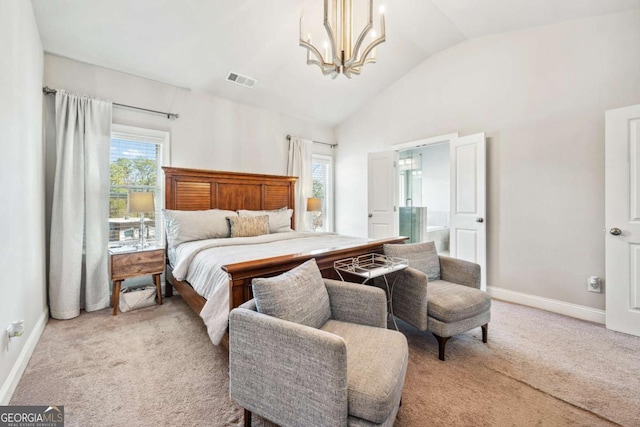 bedroom with carpet, visible vents, an inviting chandelier, connected bathroom, and baseboards