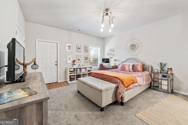 bedroom featuring an inviting chandelier, baseboards, visible vents, and light colored carpet