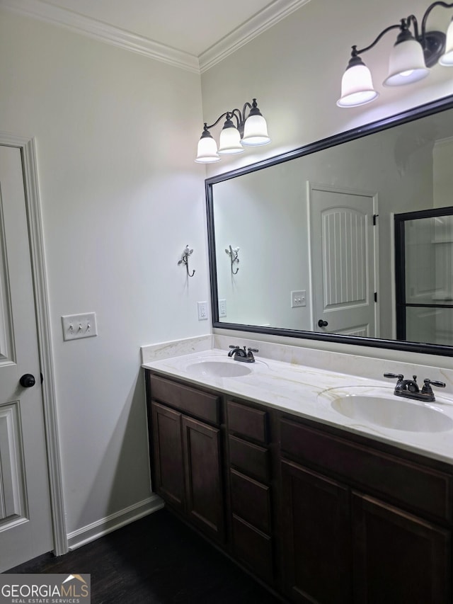 312 Overview Dr, Canton, GA 30114 - full bathroom featuring double vanity, ornamental molding, and wood finished floors