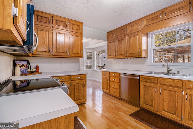 kitchen featuring stainless steel appliances, light wood-style flooring, a sink, and light countertops