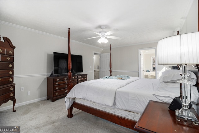 bedroom with light carpet, ornamental molding, and connected bathroom