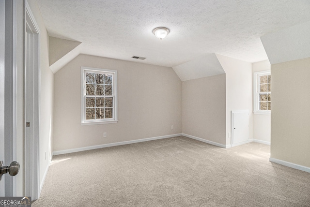 additional living space with visible vents, baseboards, vaulted ceiling, and carpet flooring