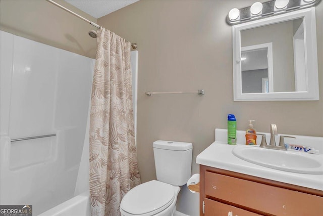 bathroom featuring toilet, shower / bath combination with curtain, and vanity