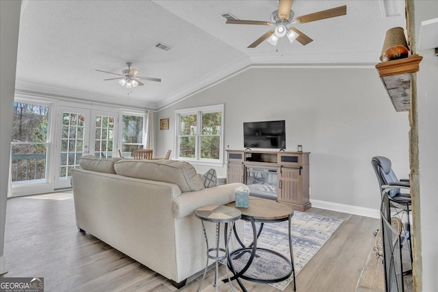 living area with crown molding, light wood finished floors, a glass covered fireplace, vaulted ceiling, and a textured ceiling