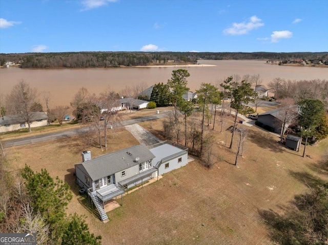 drone / aerial view featuring a water view