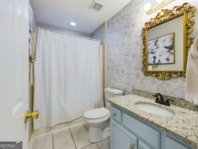 bathroom featuring toilet, marble finish floor, visible vents, and wallpapered walls