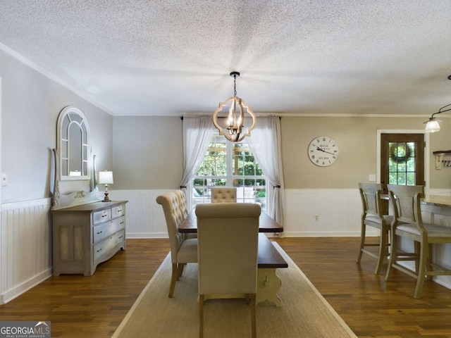 dining room featuring a chandelier, wainscoting, a textured ceiling, and dark wood-style floors