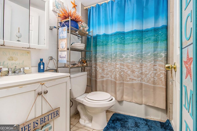 full bathroom with shower / bath combo, toilet, tile patterned flooring, and vanity