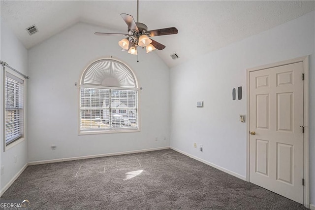 190 The Falls Blvd, Covington, GA 30016 - carpeted empty room with ceiling fan, vaulted ceiling, and baseboards