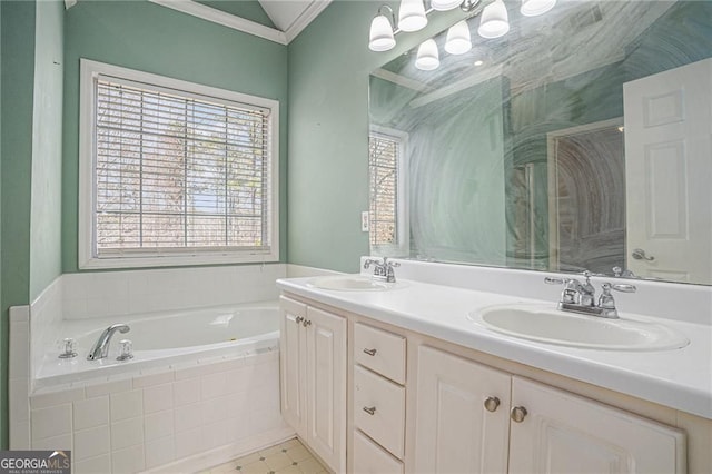 190 The Falls Blvd, Covington, GA 30016 - full bath featuring ornamental molding, a garden tub, and double vanity