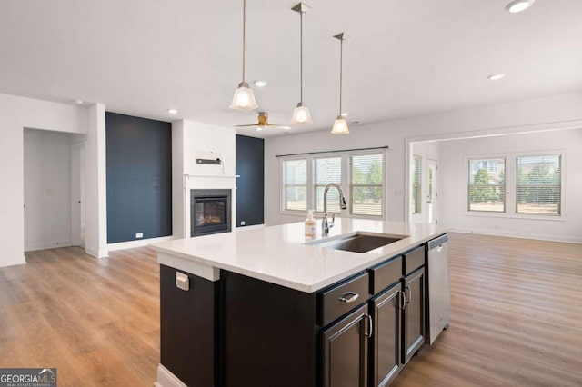 kitchen with a glass covered fireplace, open floor plan, a sink, and dishwasher