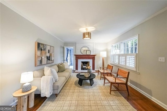 living room with baseboards, wood finished floors, a fireplace, and crown molding