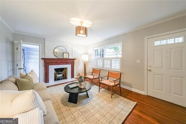 living area featuring wood finished floors, baseboards, and ornamental molding