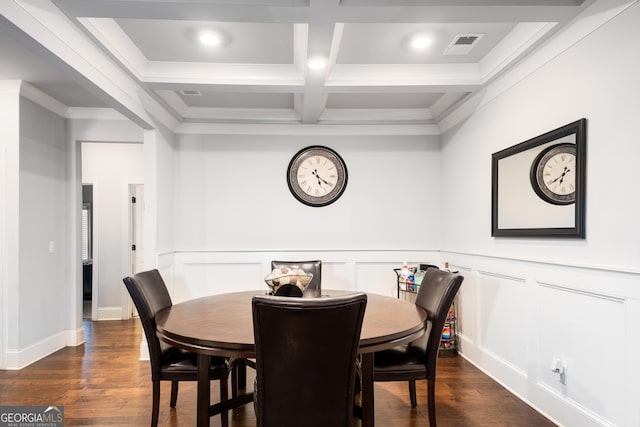 dining space with dark wood-type flooring, coffered ceiling, visible vents, wainscoting, and beam ceiling