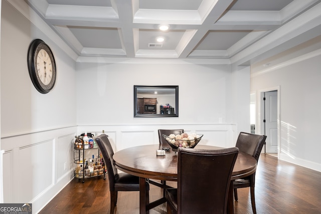 dining area with dark wood-type flooring, beamed ceiling, coffered ceiling, and visible vents