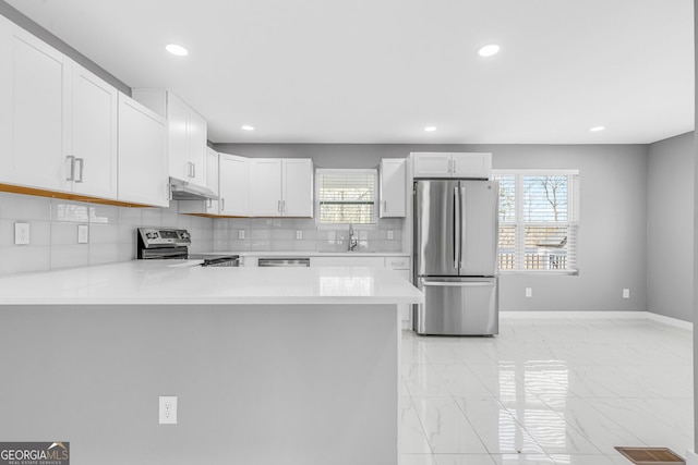 kitchen featuring tasteful backsplash, stainless steel appliances, light countertops, under cabinet range hood, and a sink