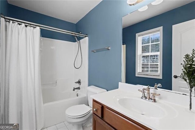 bathroom with shower / bath combo, tile patterned flooring, vanity, and toilet