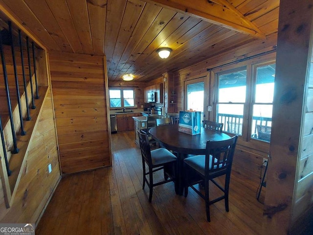 dining room with dark wood-style floors, wood ceiling, wood walls, and stairway