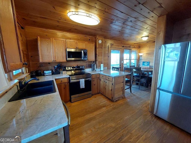 kitchen featuring a peninsula, appliances with stainless steel finishes, light countertops, and a sink