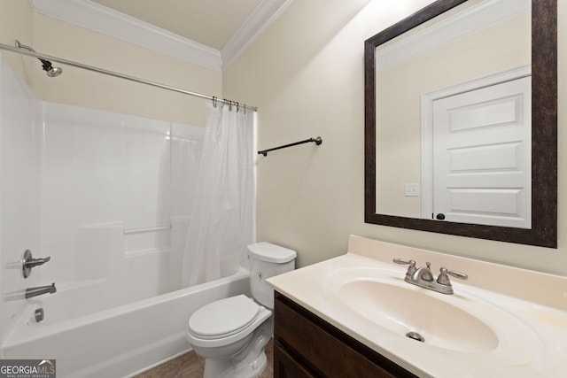 bathroom featuring shower / bath combo, vanity, toilet, and crown molding