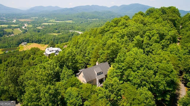 drone / aerial view with a mountain view and a view of trees