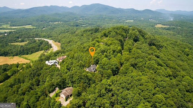 birds eye view of property featuring a forest view and a mountain view