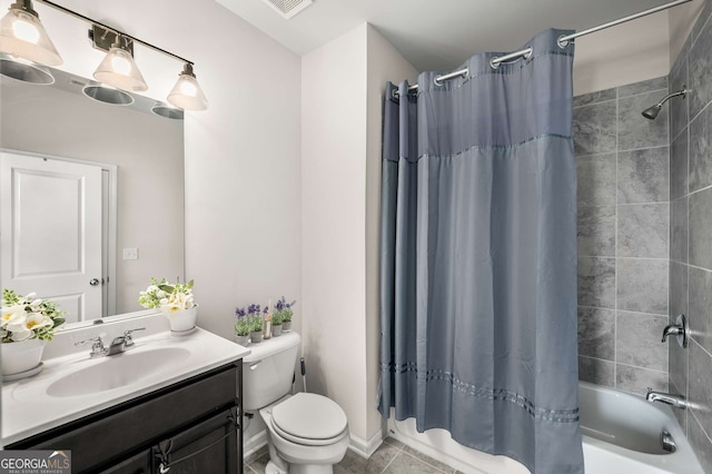 full bath with toilet, visible vents, vanity, tile patterned floors, and shower / bath combination with curtain