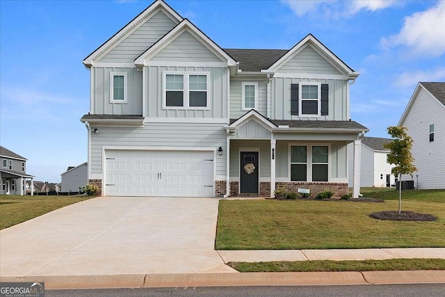 craftsman-style home with a garage, brick siding, concrete driveway, board and batten siding, and a front yard