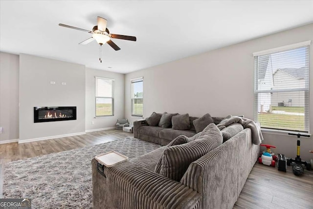 living room featuring ceiling fan, baseboards, wood finished floors, and a glass covered fireplace