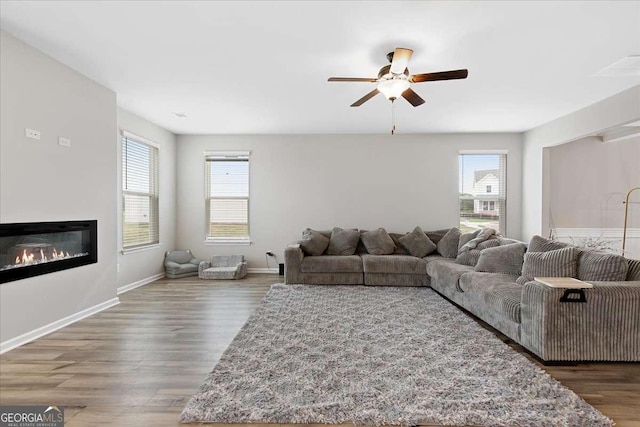 living room with a glass covered fireplace, plenty of natural light, and wood finished floors