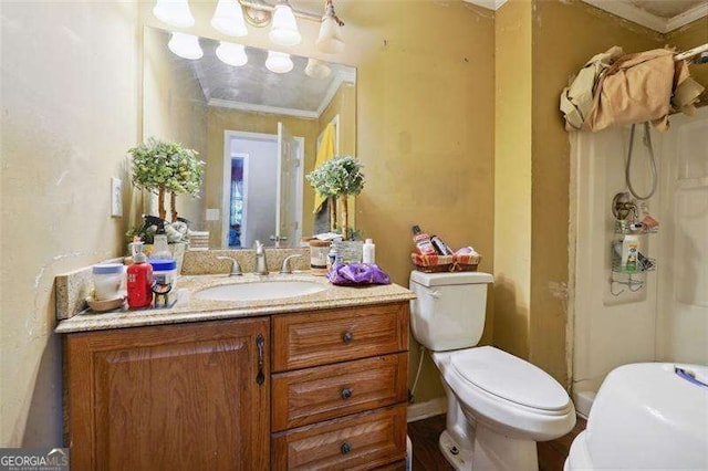 bathroom featuring ornamental molding, vanity, and toilet