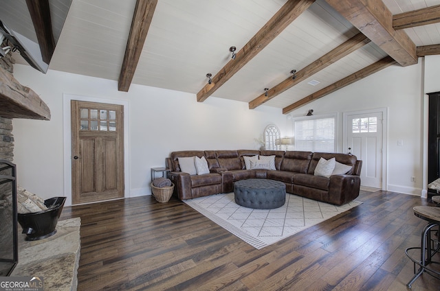 living room with vaulted ceiling with beams, wood finished floors, and baseboards