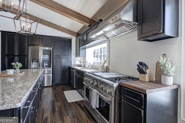 kitchen featuring dark cabinets, appliances with stainless steel finishes, and exhaust hood