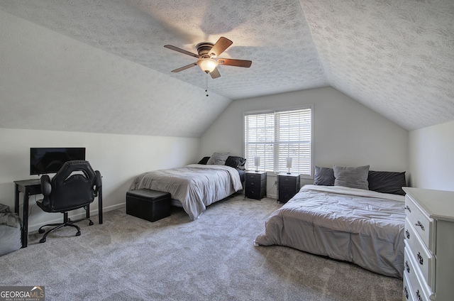 carpeted bedroom featuring ceiling fan, lofted ceiling, baseboards, and a textured ceiling