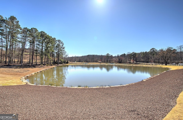 view of water feature with a forest view