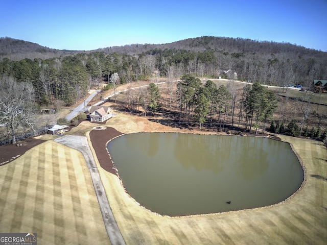 bird's eye view featuring a view of trees and a water and mountain view