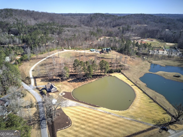 birds eye view of property featuring a water view and a wooded view