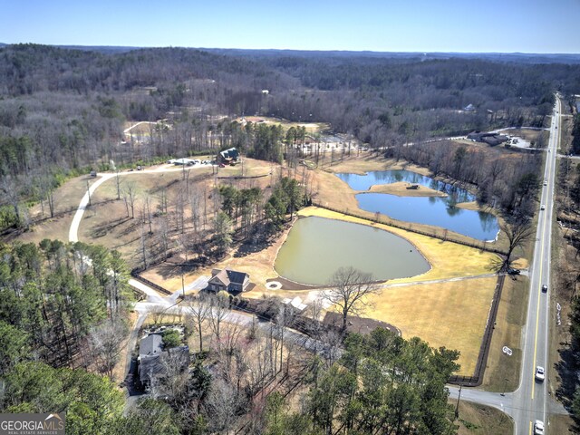 drone / aerial view featuring a view of trees and a water view