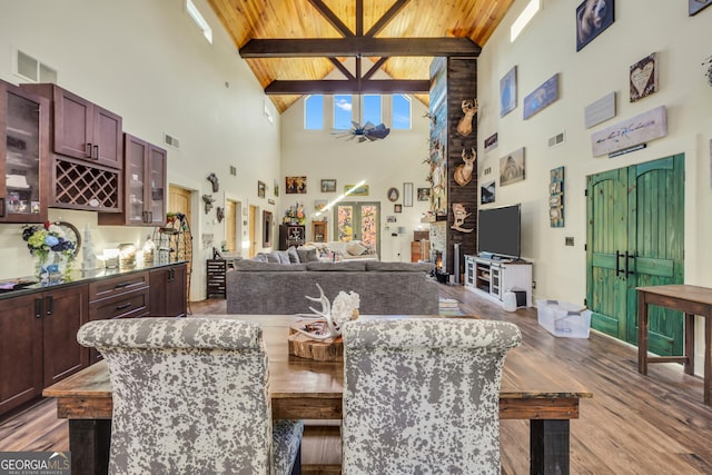 dining area with wood ceiling, visible vents, wood finished floors, and beam ceiling