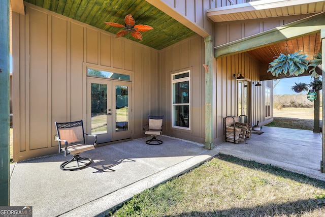 view of patio with ceiling fan and french doors